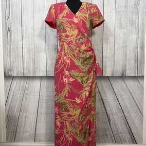 VTG David Warren Women's Size 8 Pink Floral Faux Wrap Short Sleeve Maxi Dress